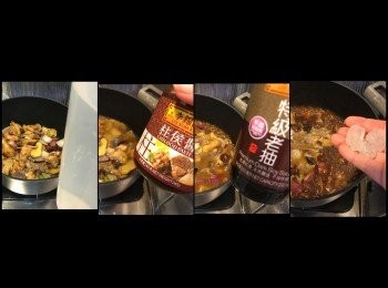 step7: 加水，不要太多，加入柱候醬約2湯匙，老抽約1湯匙，幾粒冰糖。