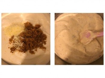 step6: 將肉鬆及芝士碎加入麵糊內搞勻