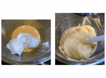 step5: 將1/3蛋白霜加進蛋黃糊內用切拌方式輕手拌勻，之後將蛋黃糊倒入餘下之蛋白霜用切拌方式快手拌勻