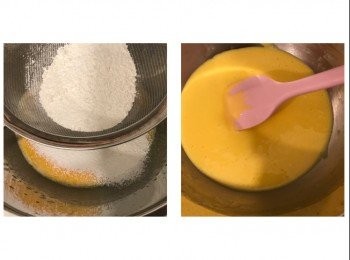 step4: 低筋麵粉過篩，加入蛋黃糊內，以切拌方式輕手拌勻至無粉粒
預熱焗爐160度