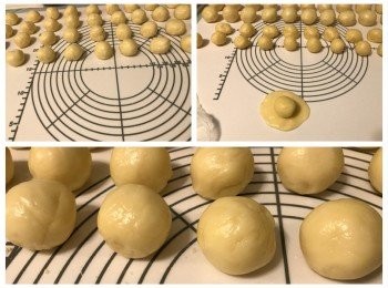 step6: 五、組合
將醒置後的油皮麵糰分割成20等份，滾成圓形；
從雪櫃取出酥皮麵糰分割成20等份，滾成圓形；
將油皮麵糰用手壓平，再桿成薄片，將酥皮麵糰放在上面，捏緊收口，搓圓