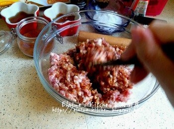 step1: 豬肉碎放入大碗內 , 加入五香粉及<span class="group_2">醃料</span>拌勻先靜待10分鐘