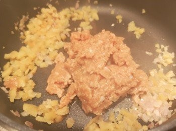 step2: 用少許油爆香乾蔥蓉和菜甫粒。將新豬肉落鑊炒成肉碎，再將辣椒粒同炒。