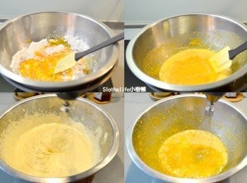 step1: 烤箱預熱160度，全蛋、蛋黃、糖粉放入鋼盆隔水一邊攪拌一邊加熱至微溫，離火。
離火後，蛋液打發至寫字不會馬上消失即可。