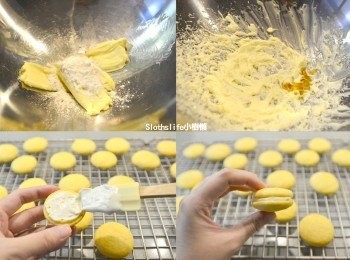 step6: 奶油先室溫軟化，加入糖粉、香草精用攪拌棒打至發白即可（奶油一定要室溫軟化較好攪打）待<span class="group_1">餅皮</span>冷卻後，<span class="group_2">奶油霜</span>視個人喜好塗抹，吃不完的台式馬卡龍可放入保鮮盒冷藏。