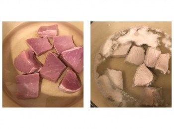 step2: 瘦肉洗淨，放入盛有清水的煲內，開大火煲滾，見白泡浮起後熄火，撈起瘦肉過冷河
