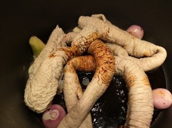 step8: 加入調味料和熱水，用低壓煲炆煮個半鐘，普通煲約三小時。中途把豬腸底面反一反再炆煮。