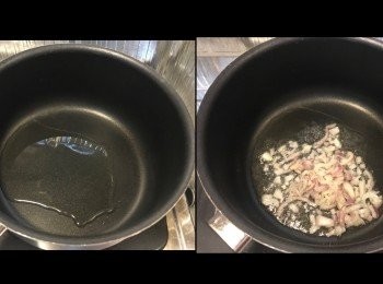 step3: 大火。燒熱油。
落乾蔥。轉小火，慢炸。