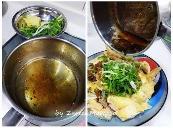 step4: 滾好麻油及油，見有煙出，淋上已經放好蔥白嘅雞上就好了!