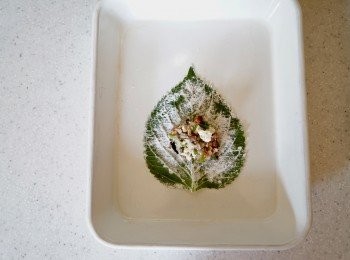 step5: 準備一隻扁平的碟，用一個茶隔把麵粉薄薄灑在碟上，放上芝麻葉，然後再用茶隔把麵粉灑上