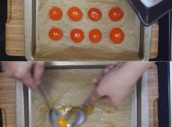 step8: 奶黃餡：
預熱焗爐150度，將咸蛋去泥，徹底洗淨蛋黃，抹上玫瑰露，之後入爐15分鐘