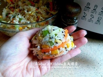 step9: 將適量米餅材料放在保鮮紙上 , 用手搓成餅型