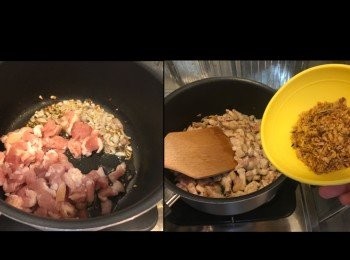 step4: 乾蔥轉金黃，轉大火，落五花腩條。
五花腩轉色，加入乾蔥酥。