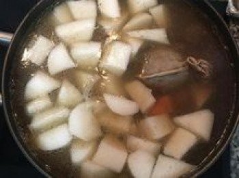 step9: 放入切好的蘿蔔塊和切好洗淨的牛肉，開大火再次將高湯煮滾；放入鹽調味，接著轉小火慢煮45分鐘到1小時，直到蘿蔔煮透，牛肉柔軟即可。