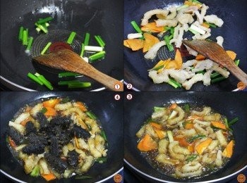 step4: 先將鍋子預熱後入油再放入蔥段爆出香氣，接著先將洗淨後的紅蘿蔔及蹄筋放入拌炒，接著再放入調味料及刺參燜煮至喜愛的口感。