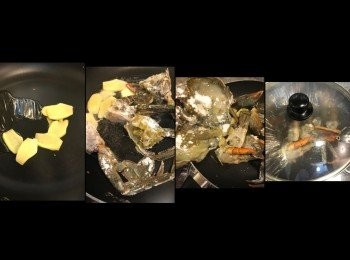 step7: 大火。
爆香薑，加入蟹每面略煎。
蟹開始轉色，加入蟹蓋，蓋蓋，焗約3分鐘。