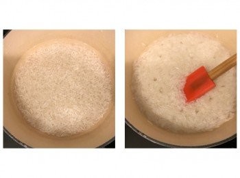 step2: 米洗淨後放入煲中，加入適量清水（平日煲飯的份量），中火煮2分鐘
水滾後搞勻，中火煮2分鐘