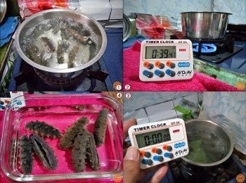 step9: 洗淨的乾刺參放入無油漬的鍋內，同時冷水煮至滾沸之後，再轉小火續煮約40分鐘。而完成煮沸且放涼的刺參，需浸泡無油漬的鍋具中放至冰箱冷藏（或是-5。C冰水)至少36小時，期間需要換水兩次而發泡完成的刺參是可以直接食用，若沒有要馬上進行烹調，則需要放入冰箱冷藏，且在３天內食用完畢，或是將刺參個別包好放冷凍