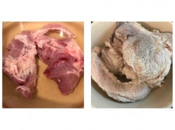 step2: 豬踭洗淨，放入盛有清水的煲內，開大火煲滾，見白泡浮起後熄火，撈起過冷河