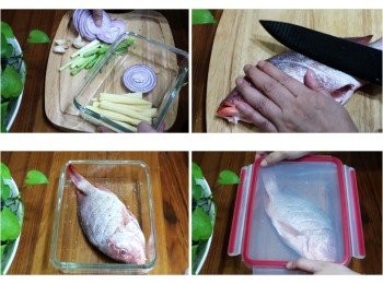step1: 將搭配蔬菜事先處理好放保鮮盒隨時要用就不會手忙腳亂，
將魚擦拭掉多餘水份，雙面略劃上斜刀，
然後以海鹽和胡椒略為醃漬入味，(約10~15分鐘)
海鮮魚貨食材如沒有馬上使用，再處理後，
務必蓋上保鮮盒蓋放冰箱冷藏較衛生也避免細菌孳生
