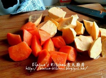 step5: 薯仔切件 , 甘旬切件 , 蕃薯切件 , 蕃薯用水沖一沖洗及瀝乾