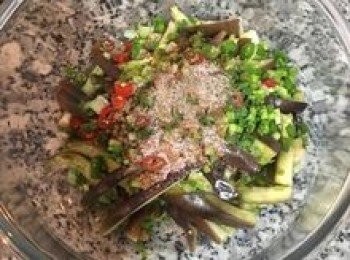 step8: 將蔥花、辣椒和<span class="group_2">調味料</span>放在茄子上；