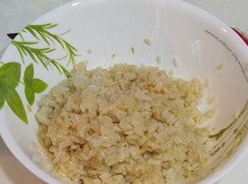 step1: 珍珠米洗好, 浸最少二十至三十分鐘後, 加入薑蓉並攪勻, 用電飯煲白米煮熟, 白飯煮好後在飯煲內焗二十至三十分鐘, 倒出放入湯碗内