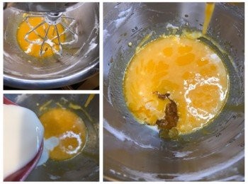 step1: 先打散蛋黃，之後加入菜油打至混合，再加入鮮奶打勻，最後加入草莓柚子打勻