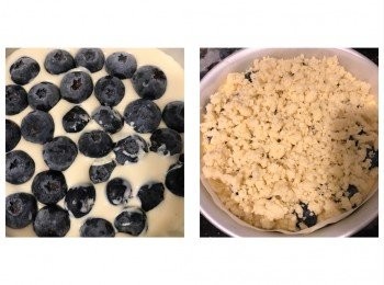 step4: 190度預熱焗爐15分鐘，將芝士糊倒入有餅底的蛋糕模內，放入適量藍莓，之後將酥餅碎鋪滿