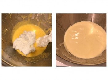 step4: 預熱焗爐160度
將1/3蛋白霜加進蛋黃糊內用切拌式輕手拌勻，之後將蛋黃糊倒入餘下之蛋白霜用切拌方式快手拌勻