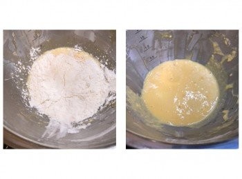 step2: 低筋麵粉過篩，加入蛋黃糊內，以切拌方式輕手拌勻至無粉粒