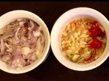 step2: 紅蔥頭 切碎。香茅切碎。紅辣椒切碎。