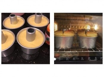 step5: 將麵糊倒進戚風模內，輕"噔"幾下

14cm模爐温：
160度10分鐘，130度35-40分鐘
                            
10cm模爐温
150度10分鐘，110度30-35分鐘

        

**每部焗爐爐温都不同，上述只是建議**