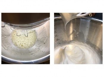 step3: 用中速打散蛋白至白色起泡，分三次加入糖打至廷身起勾（第一、二次用高速，第三次時加入粟粉及轉中速打至起勾），再用慢速打半分鐘