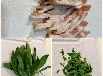 step2: 培根切條狀；蒜切成泥；新鮮鼠尾草洗淨切細