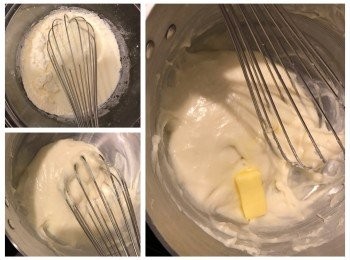 step4: 三、鮮奶麻糬 （食譜於2018.11.05修改）
      材料：鮮奶250g、玉米粉12.5g、木薯粉12.5g、太白粉25g、奶粉25g、糖25g、無鹽牛油5g
1、將所有粉類及糖拌勻
2、加入鮮奶拌勻，放在爐上用小火煮至杰身（約4分鐘，期間不斷攪動），熄火，趁熱加入無鹽牛油拌勻，放涼備用