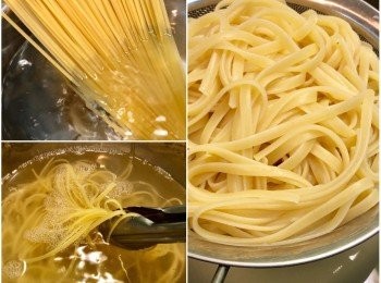 step3: 以中小火煮滾一鍋水，添加兩茶匙鹽，加入義大利麵開始計時，煮約7分鐘（邊煮邊稍微攪拌以免沾黏），撈起麵備用；同時，舀出300g-400g煮麵水備用