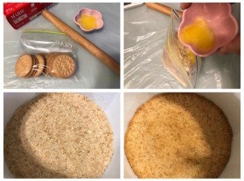 step1: 餅底：
蛋糕模用牛油紙圍著邊位，餅底位置也鋪上牛油紙，180度預熱焗爐10分鐘，將餅乾壓碎，加入牛油溶液撈勻，放入蛋糕模內，壓平，放入焗爐，180度5分鐘