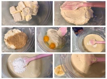 step3: 芝士餅餡：
將Cream Cheese及酸忌廉拌勻至幼滑，依次加入糖，雞蛋，Double Cream拌勻，加入低粉拌勻至無粉粒，加入檸檬汁拌勻。