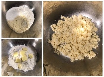 step2: 酥餅面：
將低筋麵粉、杏仁粉、糖、鹽撈勻，加入凍牛油（切粒）用手搓至鬆散，放入雪櫃備用