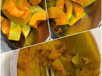 step1: 新鮮南瓜去皮切塊、蒸熟、取200g壓成泥備用