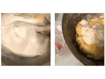 step6: 篩入一半低粉用膠刮拌勻後，加入一半忌廉乳酪拌勻
篩入餘下低粉及泡打粉拌勻，之後加入餘下忌廉乳酪拌勻