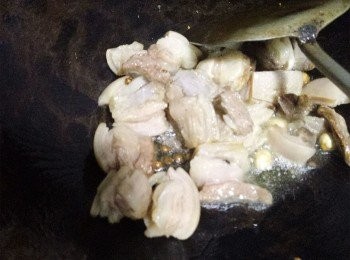 step2: 熱油鍋，放入八角茴香，薑，桂皮，喜歡麻辣的可以放入花椒和乾辣椒，爆香，再放入羊腩翻炒。