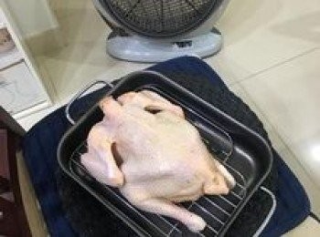 step8: 將雞放在有烤架的烤盤中，拿去吹電風扇20-30分鐘；