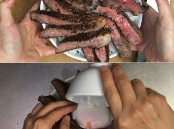 step9: 鋪上裝好白飯的丼碗，上面加上溫泉蛋