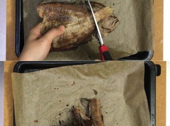 step2: 放涼後，將魚頭、魚尾、魚骨剪成塊