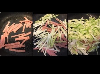 step6: 用返頭先煎蛋嗰隻鑊，大火加少少油。
煎香火腿絲，再落韮王。
韮王有香味再落椰菜絲炒軟。