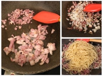 step4: 用橄欖油燒熱鑊，放入煙肉炒香，將洋葱粒及蘑菇碎加入兜炒，之後將意大利粉放入炒勻，熄火