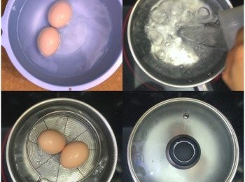 step1: 雞蛋要先浸暖水一回(10分鐘左右)
水1L煮至大沸，加入冷水、蛋，加蓋關火8分鐘