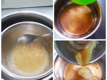 step2: 放在熱水中，坐溶變液體狀，代用。

煲內倒入果汁，加入糖，等糖溶晒。加入魚膠液體拌勻，可以熄火。(可再過篩，避免有細粒)